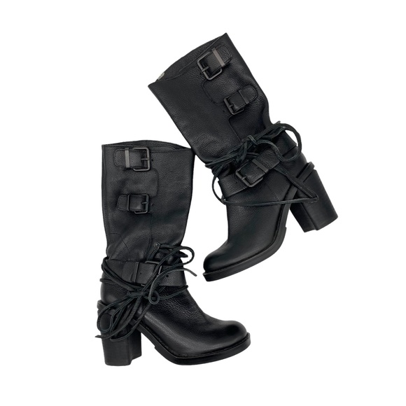 Vince Camuto Chunky‎ Heel Lace Buckle Leather Moto Style Boots - Picture 1 of 11